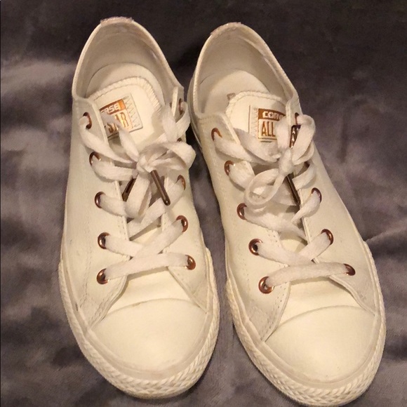 white leather and rose gold converse